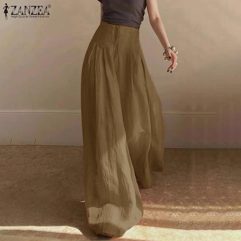 ZANZEA Женские летние брюки с высокой талией и молнией, однотонные, широкие брюки