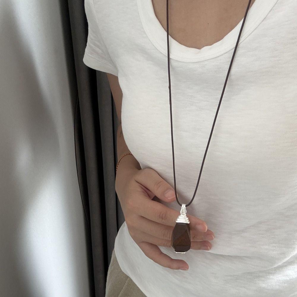 Wood Drop Pendant Pearl Sweater Chain PU Leather Chain White Pearl Necklace For Girls Women