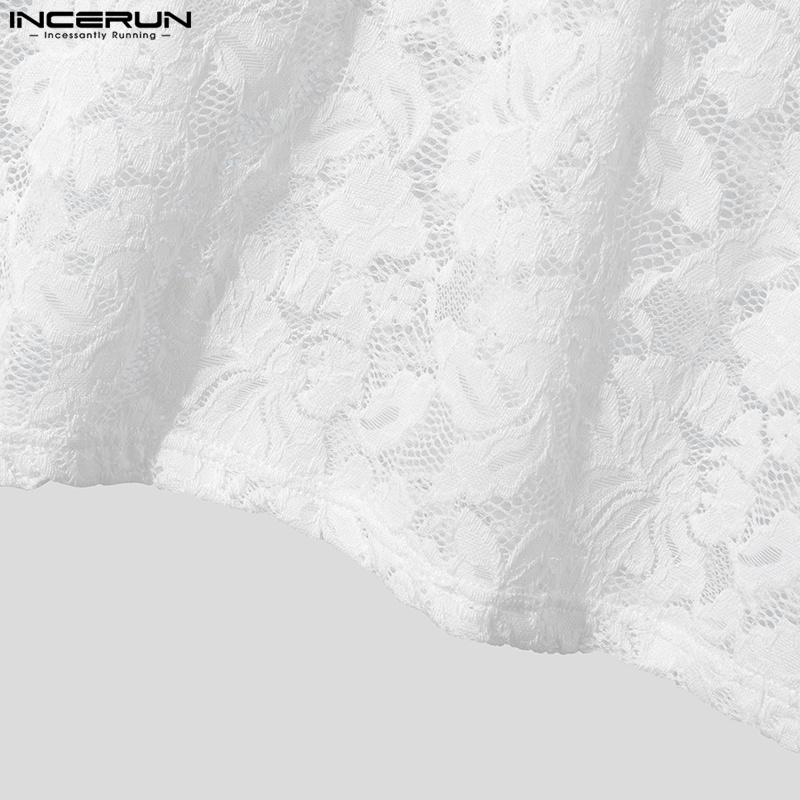 INCERUN Летние мужские кружевные сетчатые прозрачные футболки с коротким рукавом с лацканами и короткими рукавами