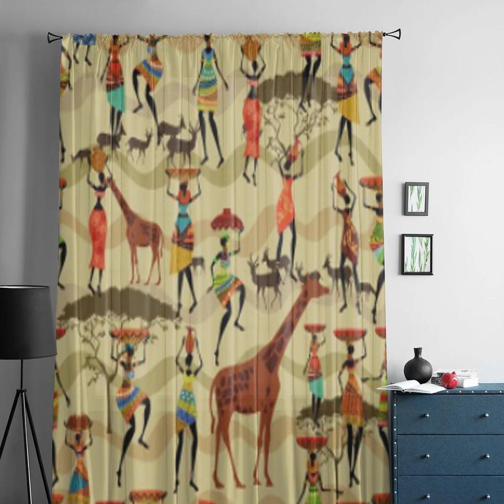 Seamless Texture With African Women Chiffon Sheer Curtains for Living Room Bedroom Decoration Window Voiles Tulle Curtain