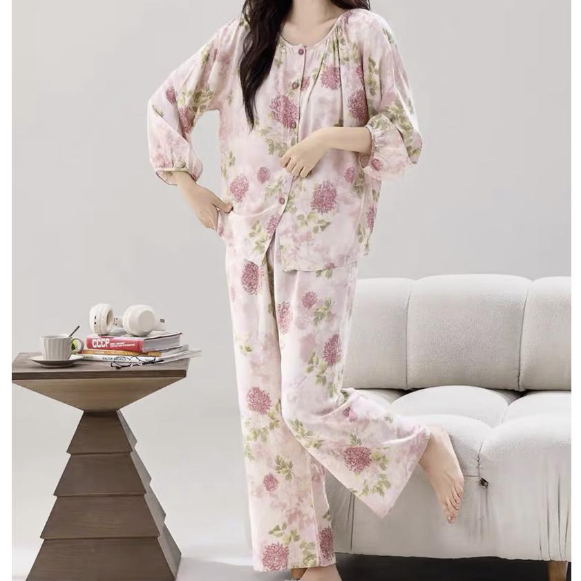 GUJIN Soft Cotton Silk Long Sleeve Pajamas for Women Spring and Autumn New Cardigan Sleepwear Plus Size 2XL Set