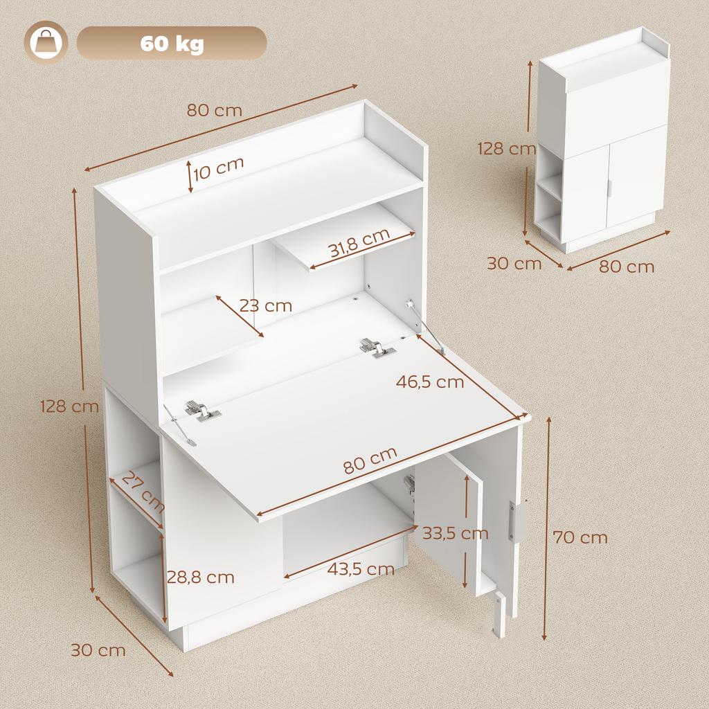 Folding Computer Desk, Drop-Leaf Top, Shelves, Cupboard, 80 x 30 x 128 cm, White