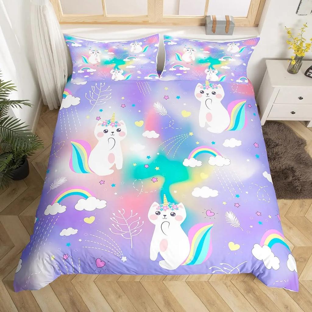 Rainbow Unicorn Duvet Cover Cute Dreamy Horse Comforter Cover Cartoon Little Unicorn Bedding Set Twin For Girl Teen Kawaii Gifts