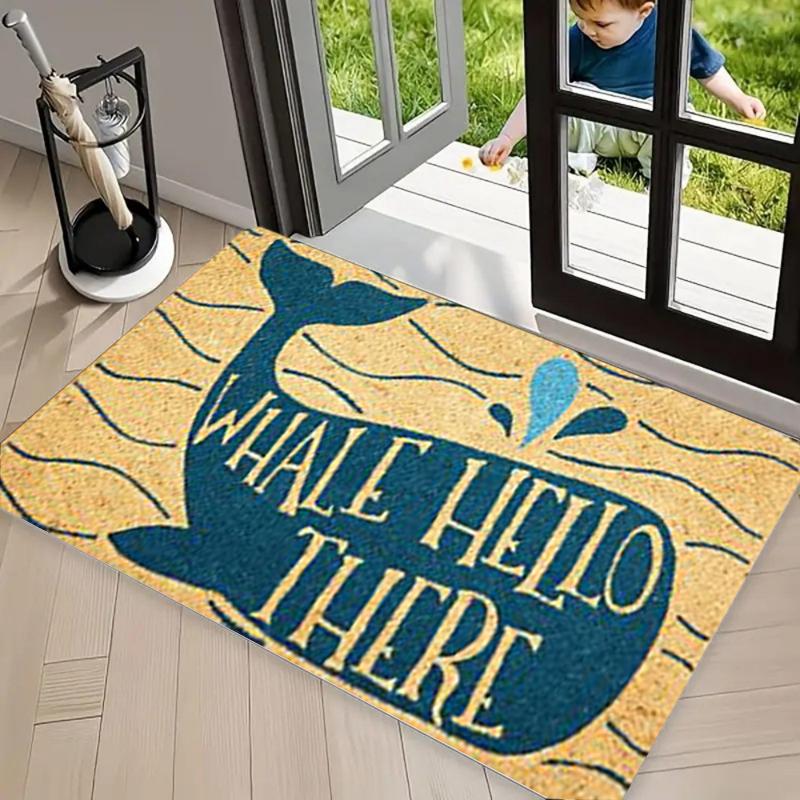 Ocean Whale Fish Welcome Print Coir Doormat, Non Slip Entrance Rug, Durable Washable Floor Mat for Front Door Porch Patio Decor