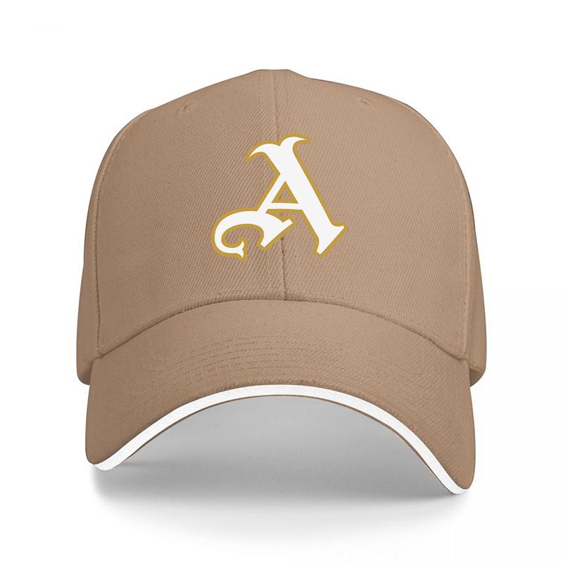 A logo black baseball cap with gold and white embroidered letter A design classic sporty style for everyday wear
