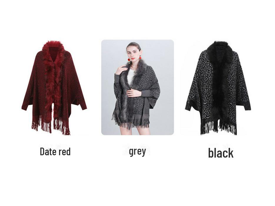 Шерстяное трикотажное пальто-шаль с леопардовым меховым воротником для женщин