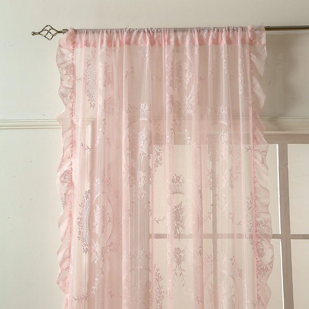 2 Pcs Retro Gauze Curtain Ruffled Edge Voile Curtain Home Decor French Lace Floral Curtain  Bedroom