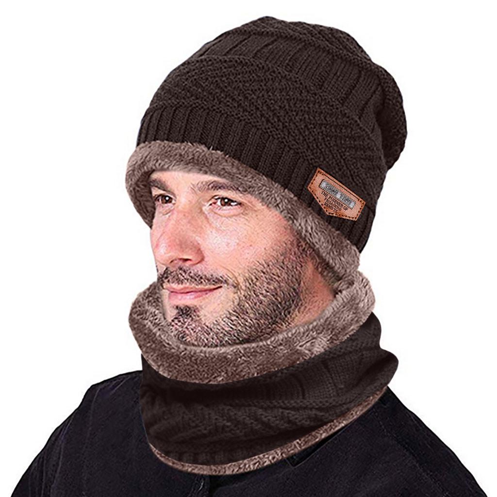 Men Warm Winter Thicken Hat And Scarf Two-Piece Knit Windproof Cap