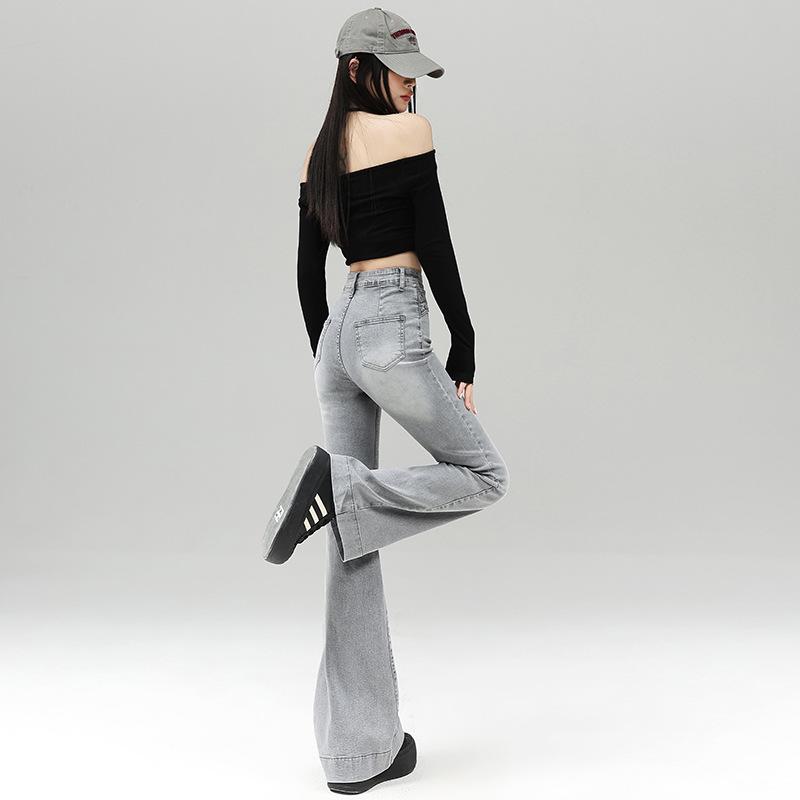 American retro denim micro-pull pants women's spring new design features belt high-waisted flared pants