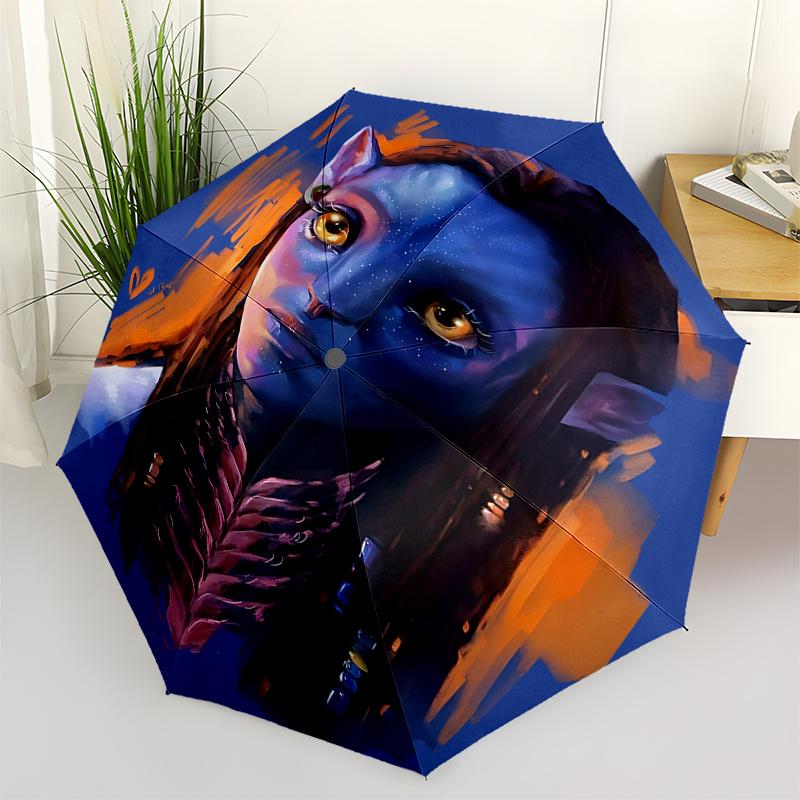 Avatar Inspired Blue Raincoat with Orange Accents Automatic Opening Umbrella,Foldable Design,8 Bone Frame,Outdoor Gift for Fans and Tra