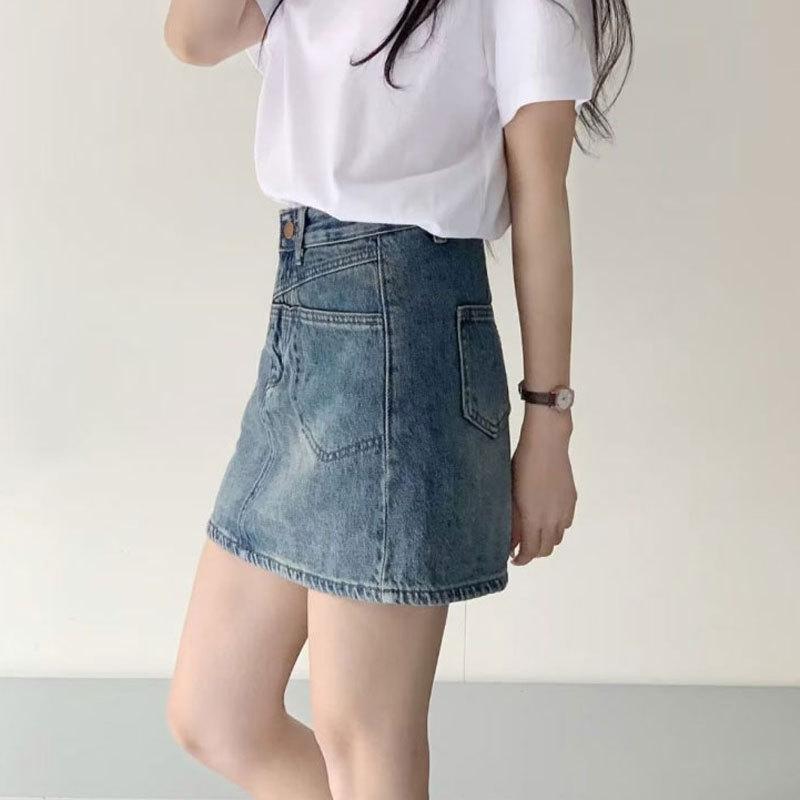 Юбка винтажная короткая, молодежная, стройнящая, А-силуэт, повседневные карманы, разрез, облегающая, до середины тела, ультракороткая юбка, женская летняя модная джинсовая короткая юбка