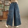 2026 Женские джинсы большого размера Весна Осень Прямые Широкие Штаны На шнурке Цветочная Вышивка Денимовые Штаны Винтажные Мешковатые Элегантные Женские Джинсы