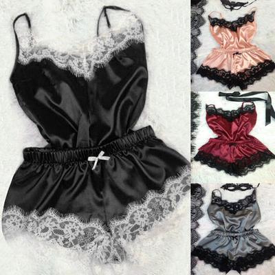 Спагетти-ремень, кружевной жилет, шорты, комплект, имитация атласа, пижамный комплект без рукавов с v-образным вырезом для брачной ночи