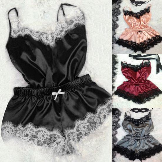 Spaghetti Strap Lace Stitching Vest Shorts Set Imitation Satin V-Neck Sleeveless Pajama Set for Wedding Night