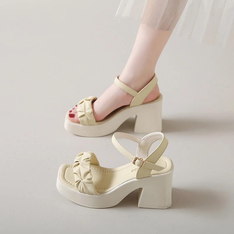 Female Shoes Open Toe Women's Sandals Fashion Dress Sandals Women Pleated Platform Buckle Strap Chunky Heels Ladies Shoes