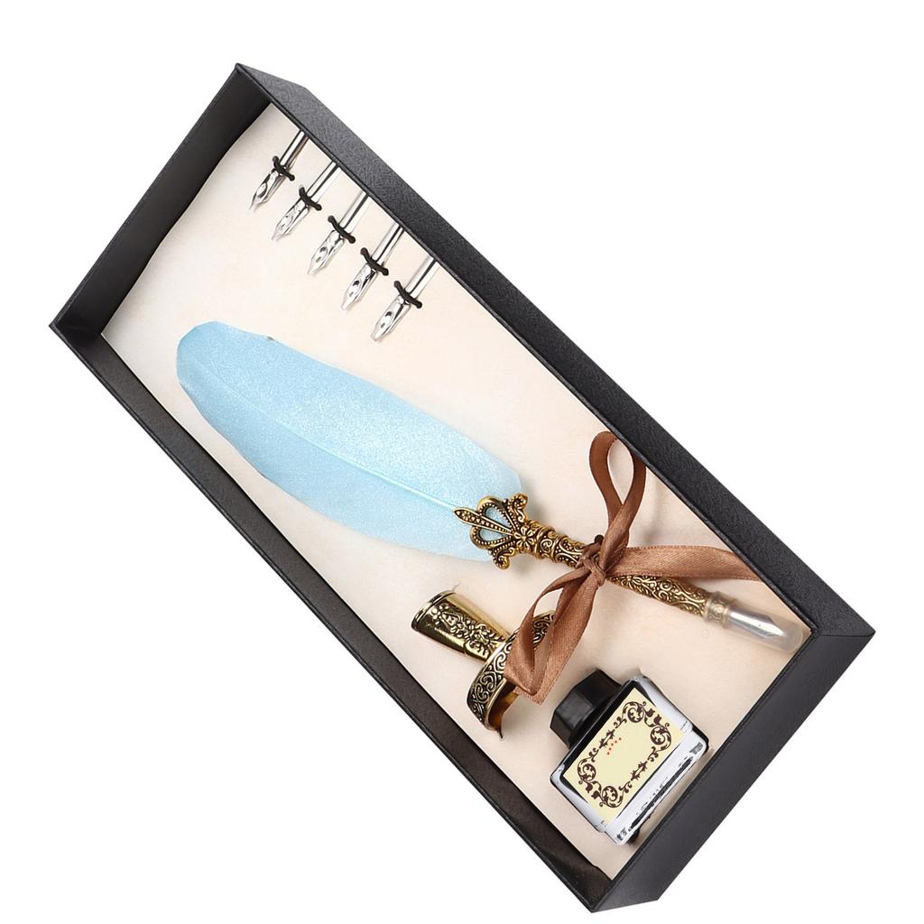Feather Pen Set Vintage Ink Carved Metal Pen Writing Suit for Business Gift Table DecorationSky