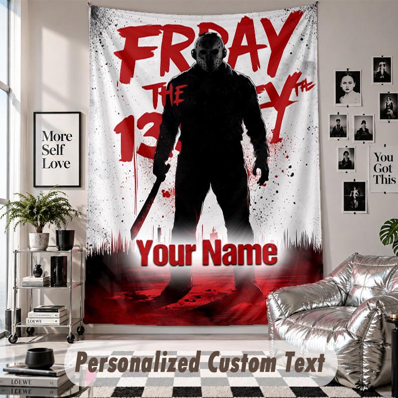 Custom Tapestry Wall Hanging, Friday the 13th Jason Voorhees Personalized Name Text Home Wall Decor