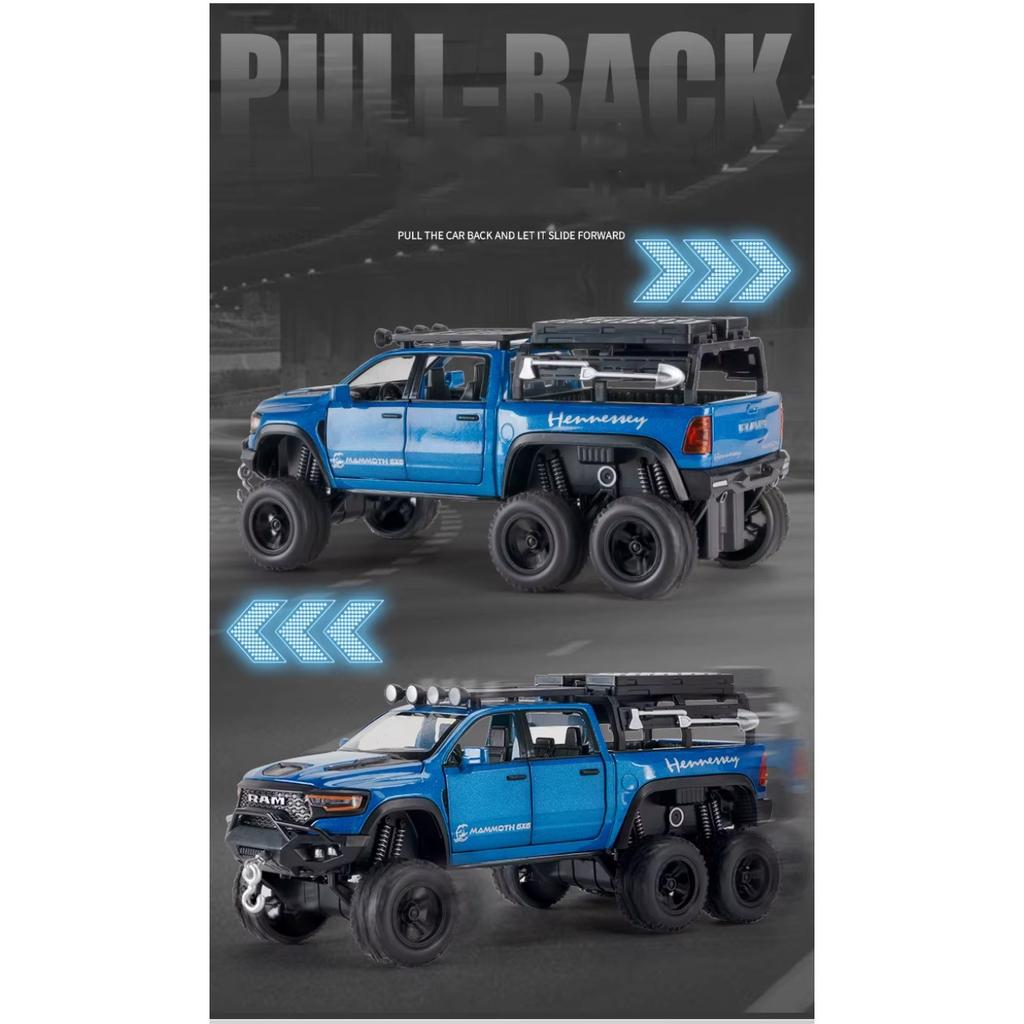 1/32 Scale Dodge Tyrannosaurus Rex RAM 1500 TRX 6*6 Warlord Alloy Miniature Car Diecast Metal Scale Car Model Sound and Light Kid Toy Car