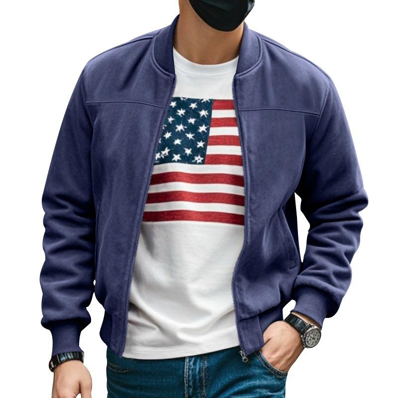Men's Suede Jacket Casual Solid Zip-Up Long Sleeve Vintage Shirt Jacket