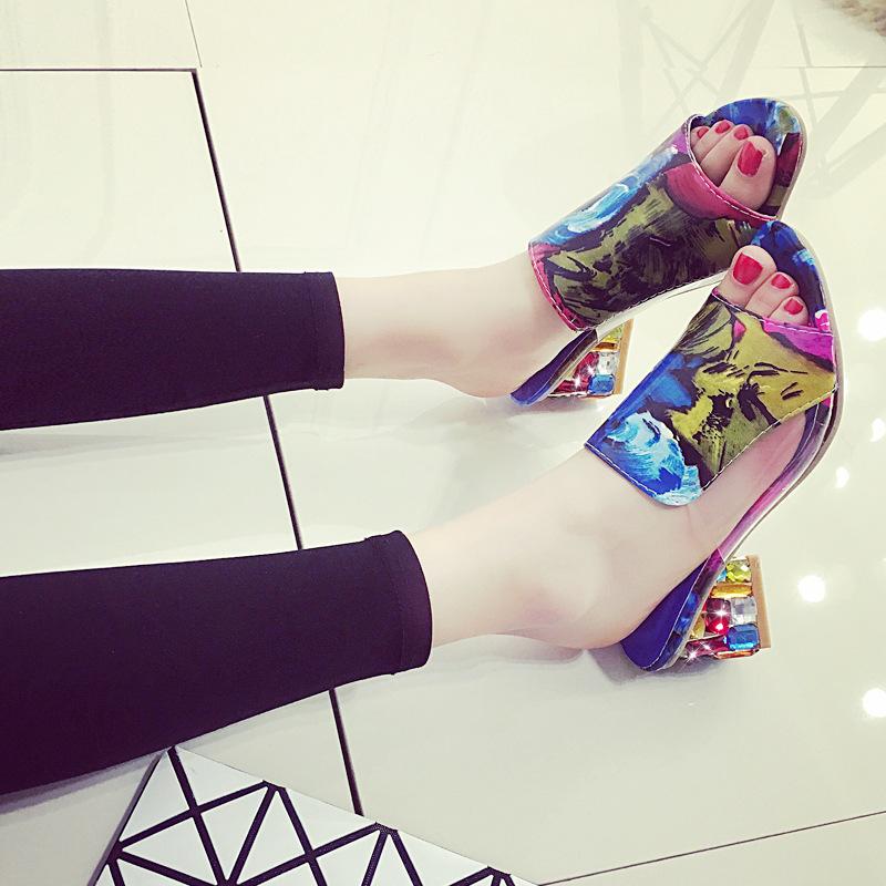 Dwayne Slippers Womens Summer New Strange Style Sandals Rhinestone Candy Colors Matching Elegant High Heels Female 2025