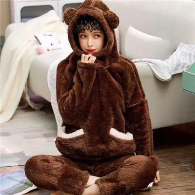Зимний женский пижамный комплект Kawaiii Bear, пижамные комплекты, плотная пижама, фланелевая, кораллового цвета, бархатная, с длинным рукавом, домашняя одежда
