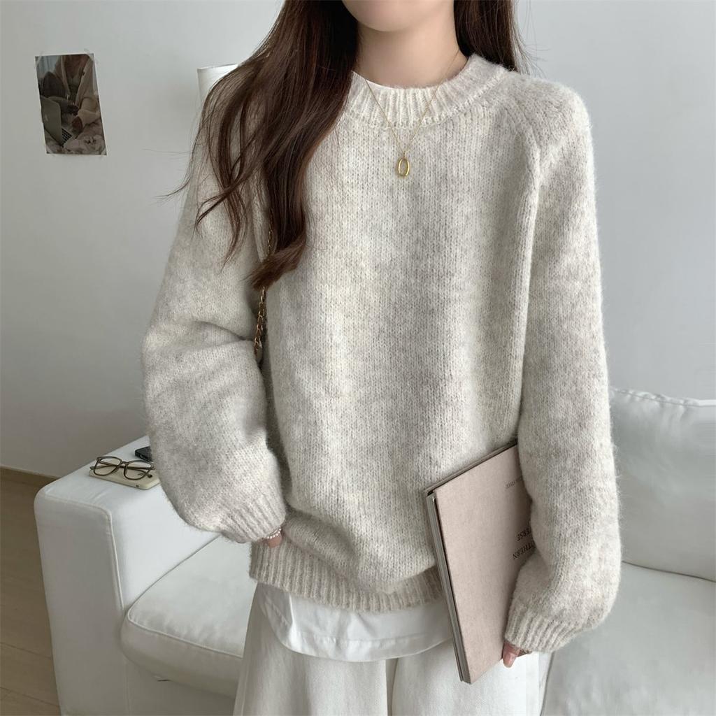 WTEMPO Women's Knitted Sweater Loose and Lazy Loose Round Neck Long Sleeved Pullover Knit Sweater Top