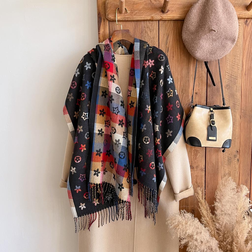 Stylish National Pattern Women's Faux Cashmere Infinity Scarf Winter Warm Two-Sided Thick Floral Print Cozy Shawl Foulard Blanke