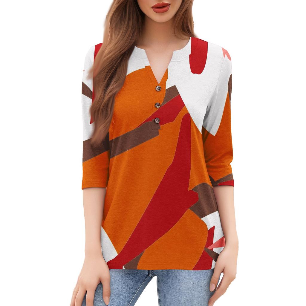 Women's Fashion Casual Loose 3/4 Sleeve Printed Round Neck Top