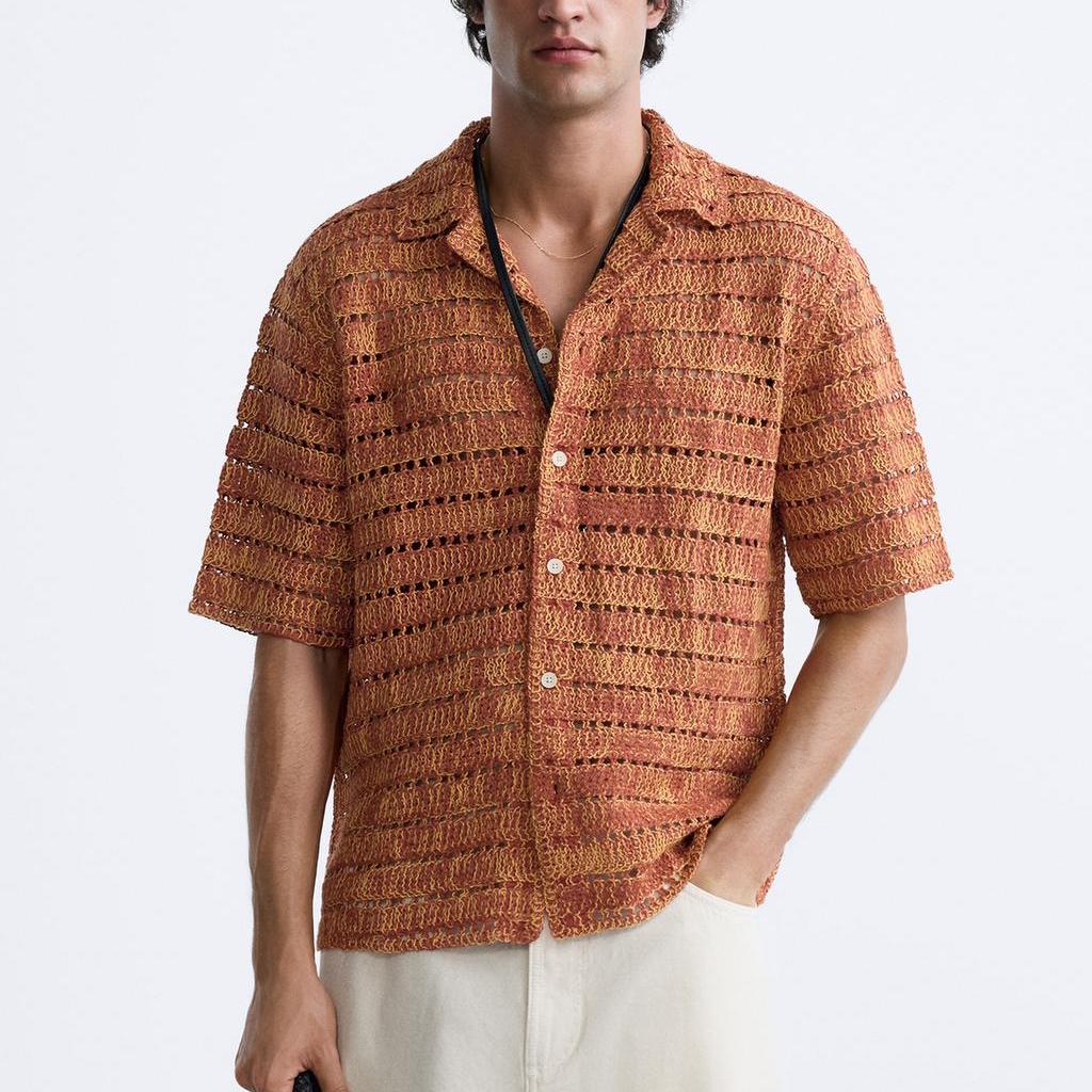 Zara Свободная ажурная повседневная полосатая вязаная футболка с коротким рукавом для мужчин, красная 7200488-077