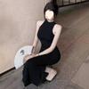 Ретро темпераментное платье светской львицы женское сексуальное черное с зауженной талией и тонкой шеей с разрезом на бедре