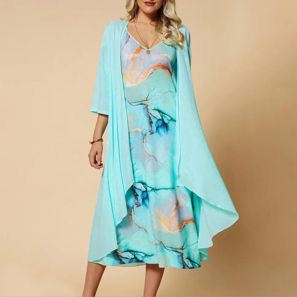 Женское платье из двух частей с принтом, жилет с v-образным вырезом, платье, кардиган, куртка, комплект