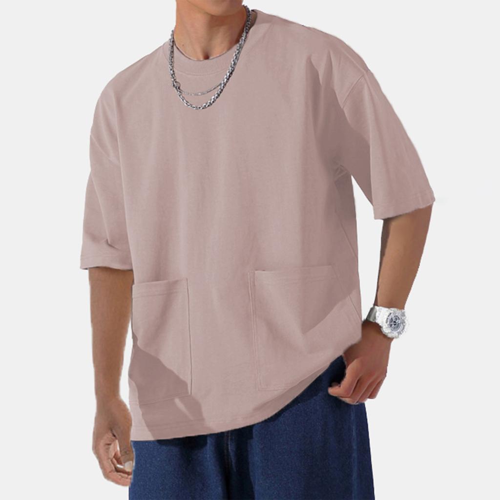 Men's Retro Solid Color Double Pocket Wide Cut Large Drop Shoulder 5/4 Sleeve T-shirt