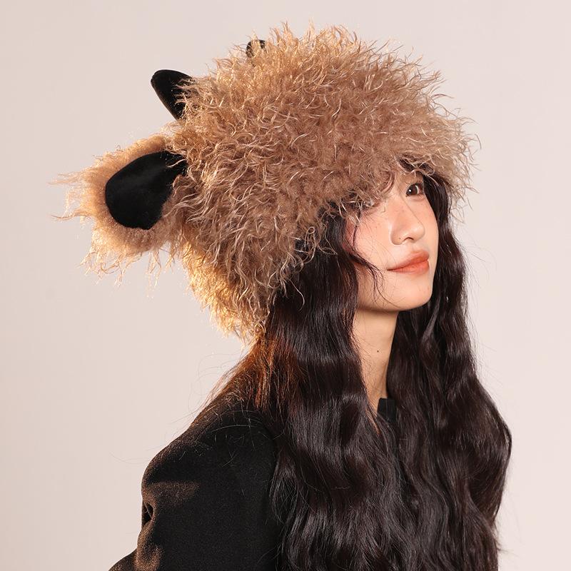 Cute Funny Little Lamb Plush Hat for Women In Autumn and Winter Warm and Cold Knitted Hat Showing Face with Little Sweet Fisherman Pullover Hat