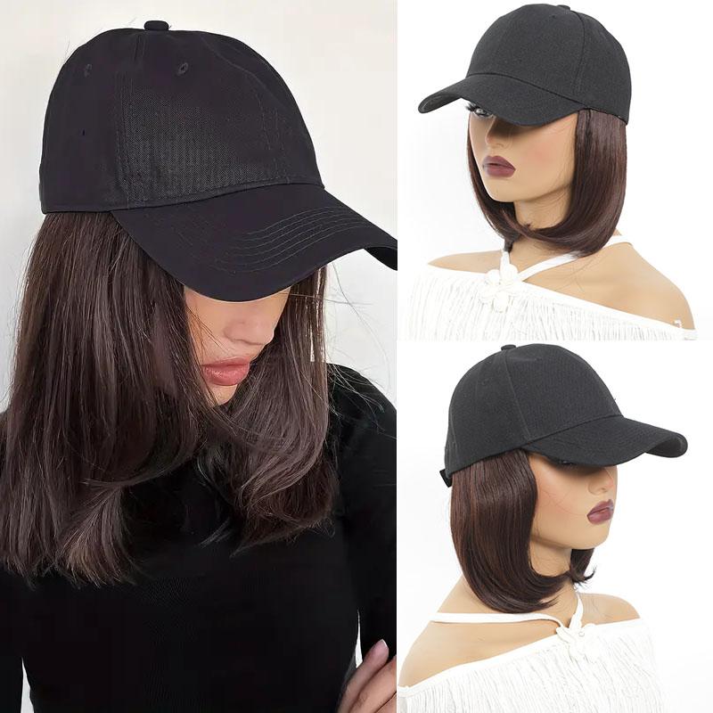 Парики со шляпой, короткий прямой парик из волос боб с бейсбольной шляпой для женщин и девочек, синтетические термостойкие парики из волос с регулируемой шляпой