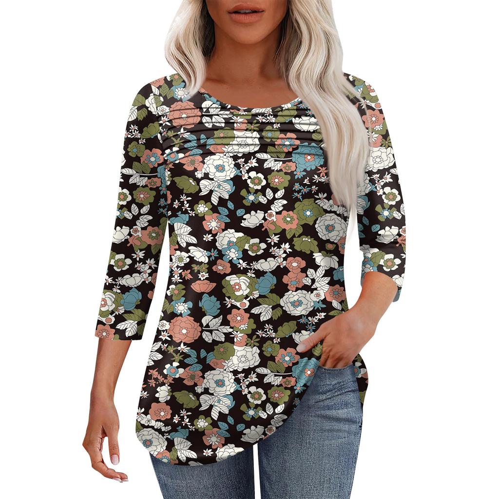 Женская мода круглый вырез горловины плиссированная передняя планка топ рукав 3/4