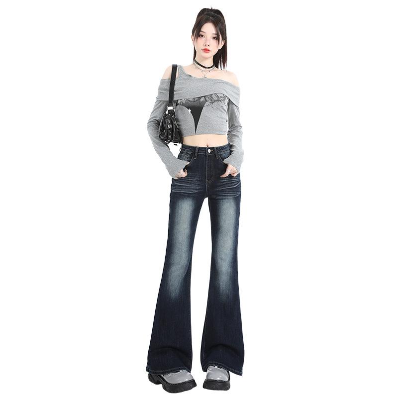 Spice girl design feeling slightly pull jeans women's autumn new high-waisted elastic slim-fitting thin flared floor pants