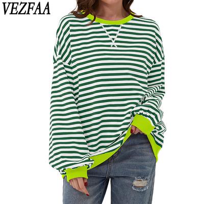 Женская мода повседневная весна осень полосатый принт длинный рукав О-образный вырез блузки и рубашки