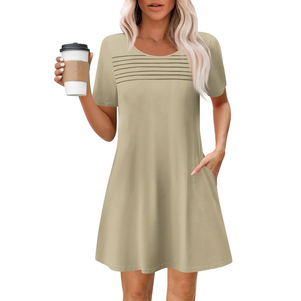 Women's Summer Casual Round Neck Pleated With Pockets Solid Color Short Sleeve Dresses