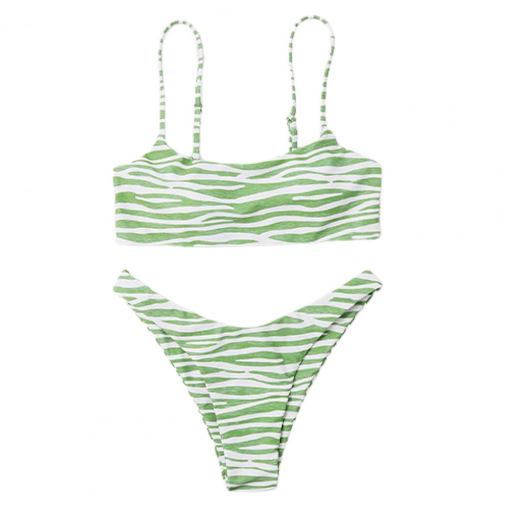 2 Pcs/Set Bikini Set Zebra Stripe Print Contrast Color Spaghetti Strap Adjustable Women Swimwear for Swimming
