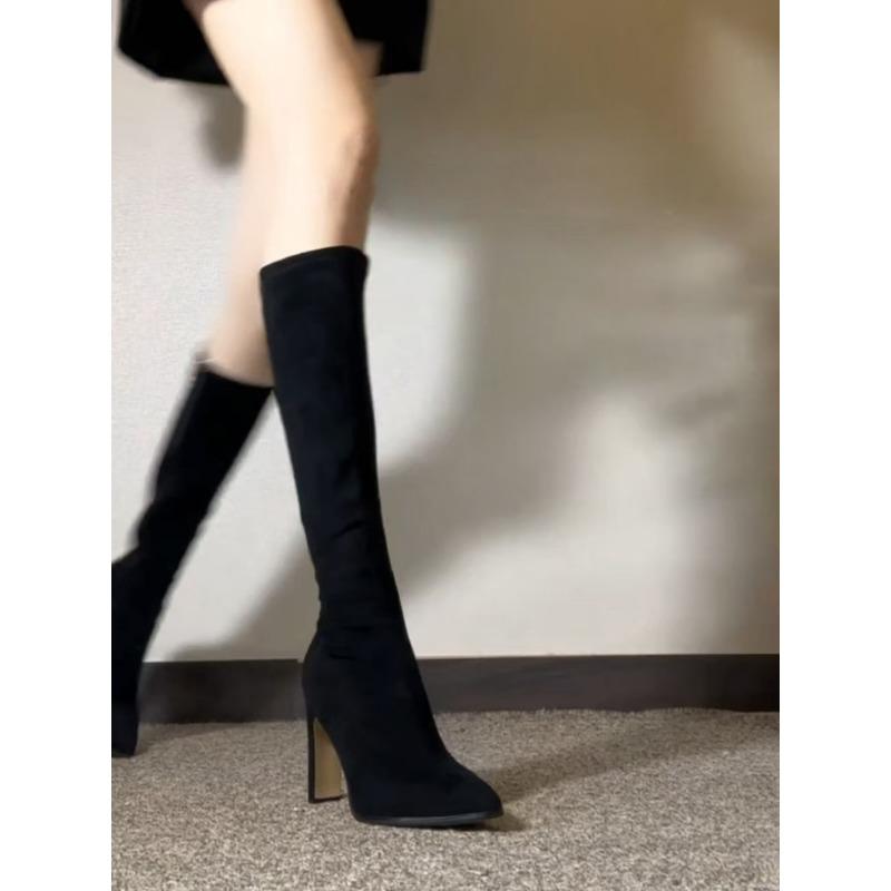 Детские осенне-зимние новые модели телесных ботильонов на высоком каблуке, эластичные ботфорты до колена, ботильоны с острым носом и толстым каблуком