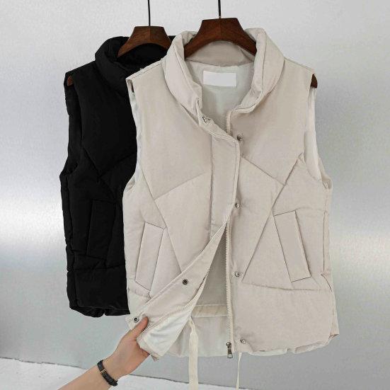 Women Autumn Winter Cotton Padded Waistcoat Stand Collar Sleeveless Vest Jacket Pockets Zipper Buttons Placket Windproof Warm Vest Coat