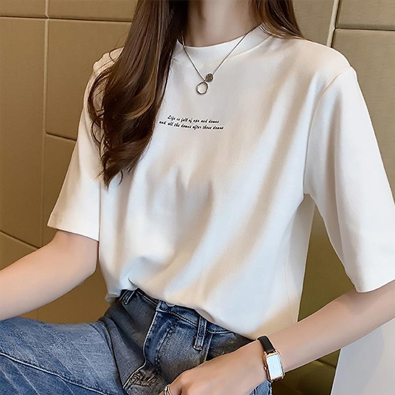 Korean version of summer loose round neck short-sleeved T-shirt women's alphabet print women's top student bottoming shirt women's clothing