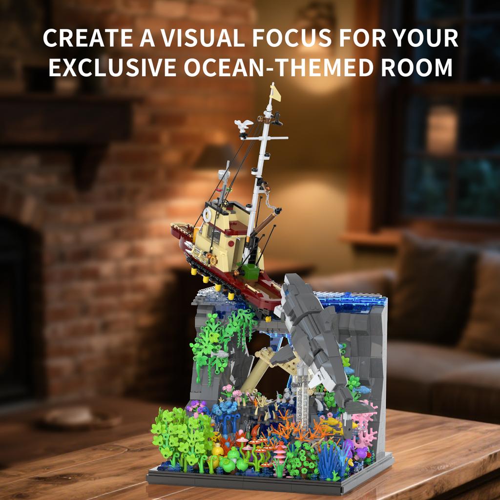 2932 шт. Конструктор «Рыболовное судно Большая белая акула», модель океанской сцены, кирпичики, настольные украшения, детская развивающая игрушка «Сделай сам», подарки