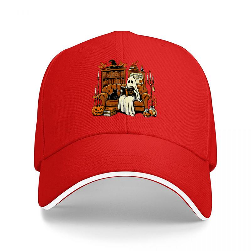 Halloween Ghost Reading Bookshelf Scene Baseball Cap Spooky Library Design Black Adjustable Hat for Adults