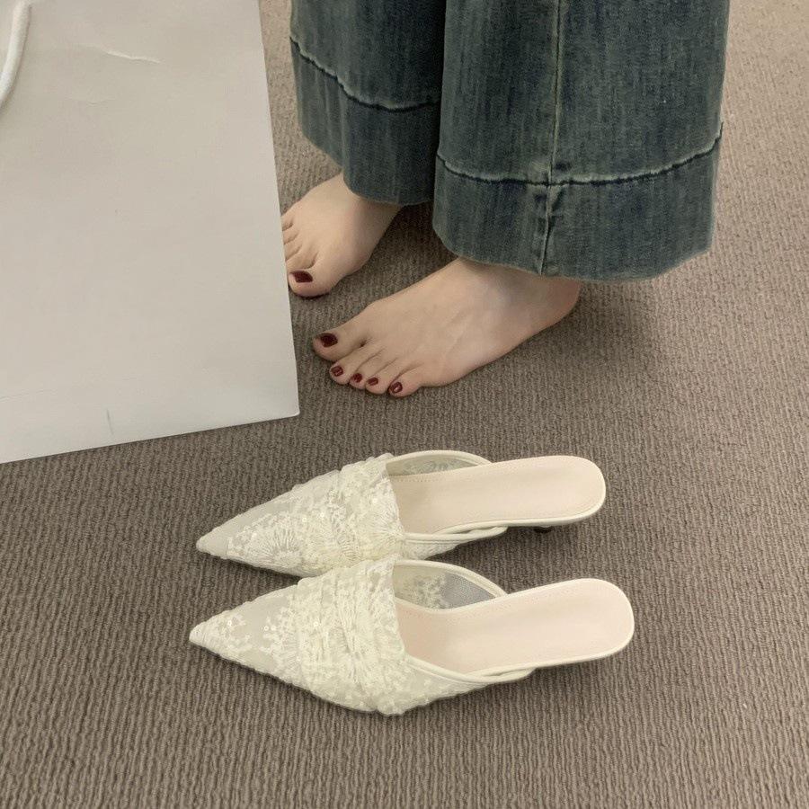 Breathable Lace Bag Head Half Slippers Women's Summer Wear French Beautiful Sandals 3cm Kitten and Pointed Muller Shoes