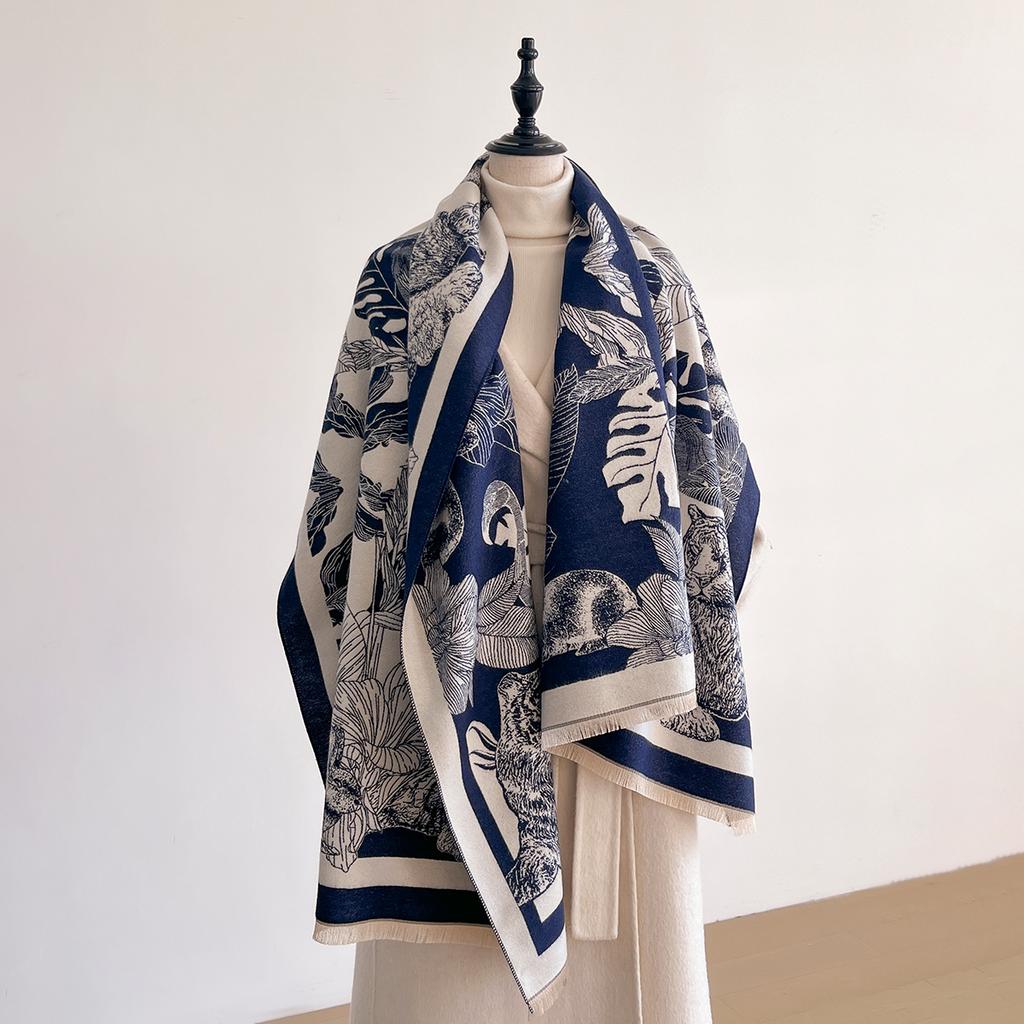 Luxury Leaf Print Scarf for Women Warmer Winter Imitation Cashmere Pashmina Scarves Shawls Female Thick Blanket Wraps Foul