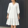 Women Casual V-Neck Solid Color 3/4 Sleeve Loose Dress