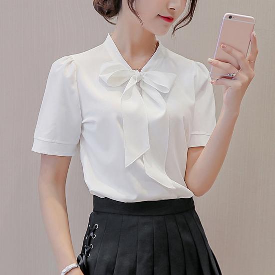 Весенне-летняя женская рубашка с бантом на шнуровке, топы с длинным рукавом, однотонная, повседневная шифоновая блузка, рабочая одежда