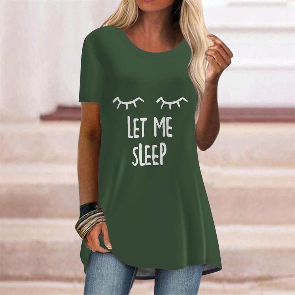 Plus Size Women Summer Green Letters Printed Comfy Short Sleeve Round Collar T-shirt Casual Baggy Mid Length Tee Tops