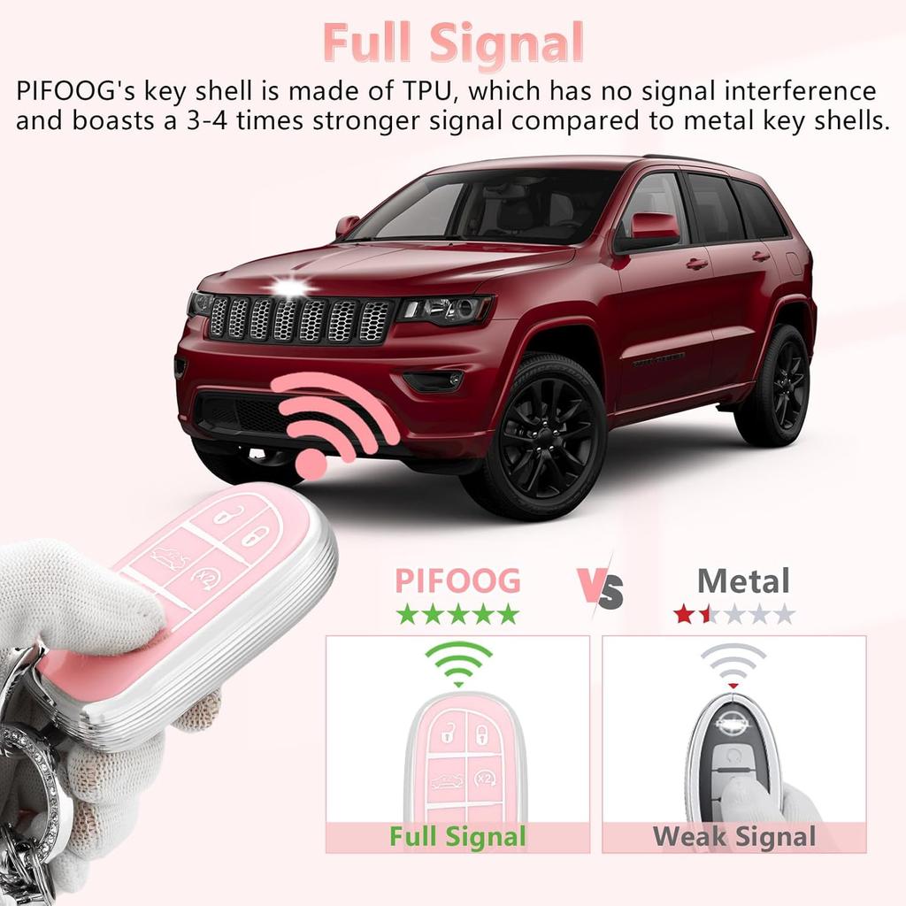 PIFOOG Pink Key Fob Cover for Jeep Cherokee Grand Cherokee Compass Renegade Bling Keychain 5 Buttons Car Keys Case Shell Full Covers Protector Girly